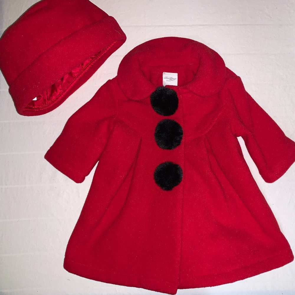 Baby Girl 3-Month Red Hat and Coat with Black Fur Buttons